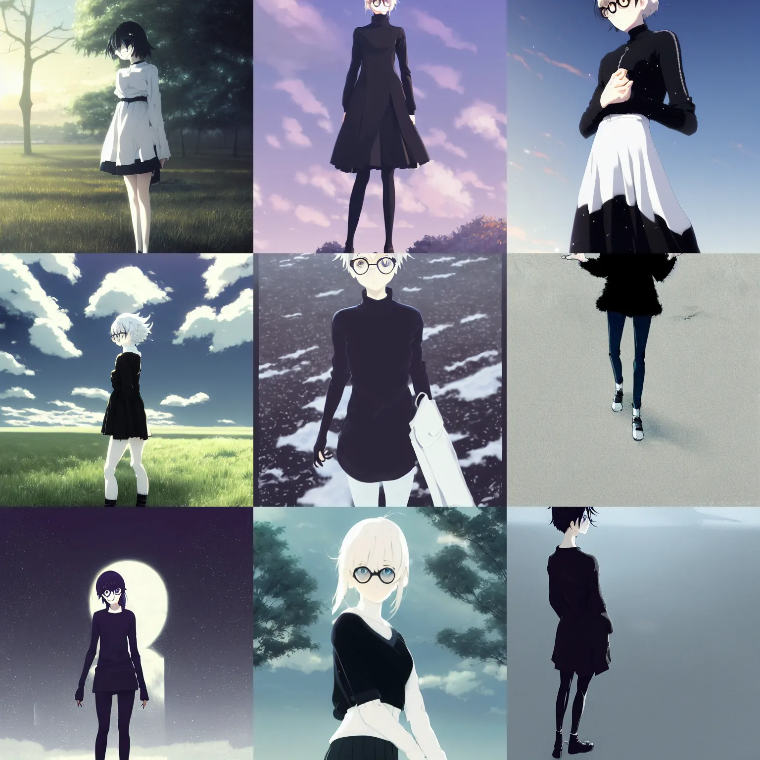 Prompt: cute girl in black sweater black sweater black sweater black sweater white white pale hair white white pale hair white white pale hair black glasses standing full body field background by greg rutkowski makoto shinkai kyoto animation key art feminine