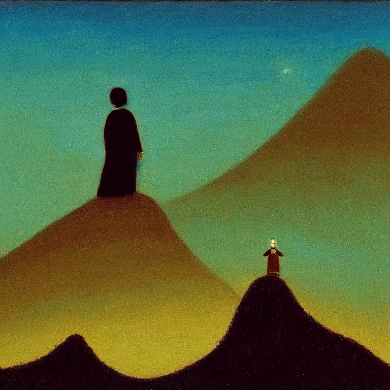 Image similar to a small figure staring at a giant mountain, bell curve, glowing, arkhip kuindzhi painting, teal palette, eschaton