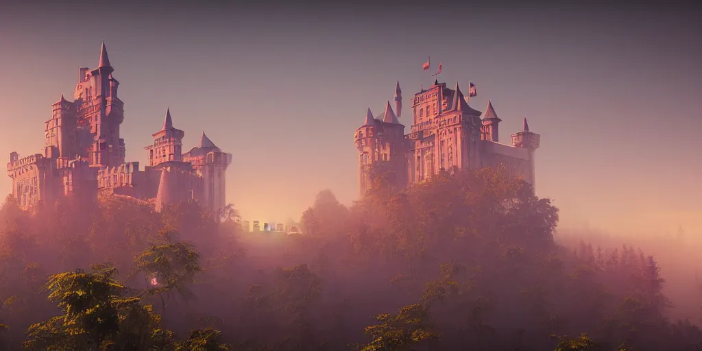 Prompt: a highly detailed photo of an art - deco inspired castle surrounded by a mist shot during sunset on 3 0 mm film painted by alena aenami, rendered in unreal engine