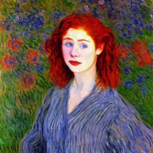 Prompt: portrait young beautiful red hair woman with a well cut jaw round cheeks and blue eyes by claude monet