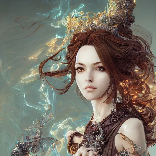 Image similar to the portrait of the lawful evil sorceress personified as an absurdly beautiful, graceful, elegant, sophisticated, mature woman, an ultrafine hyperdetailed illustration by kim jung gi, irakli nadar, intricate linework, bright colors, octopath traveler, final fantasy, unreal engine 5 highly rendered, global illumination, radiant light, detailed and intricate environment