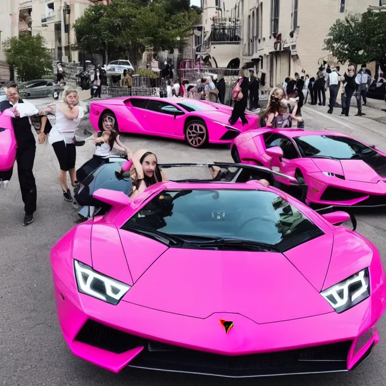 Image similar to a group of people carrying a pink lamborghini