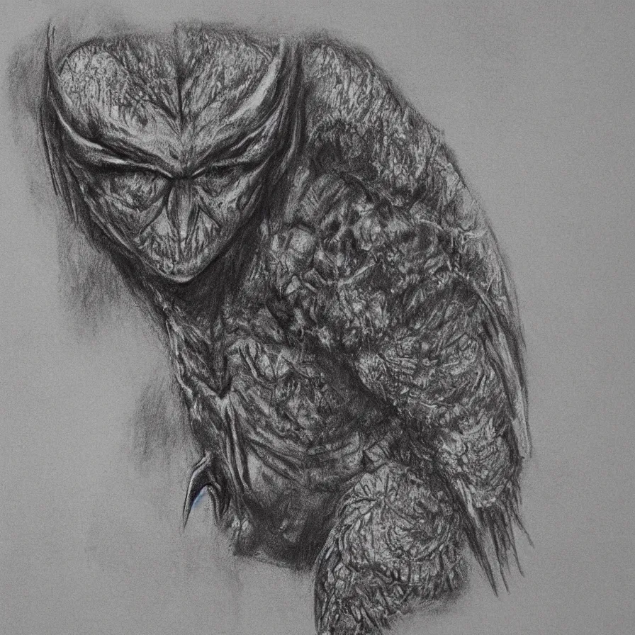 Prompt: A detailed charcoal sketch of Mothman facing forward, 8k, highly detailed