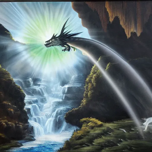 Image similar to oil painting of a dragon flying in the air near a cave with a waterfall in the center, light emanating from the waterfall leading to a big pool of water, dragon has black and white siberian tiger stripes, elegant, sharp focus, wide shot, clear, detailed, early renaissance