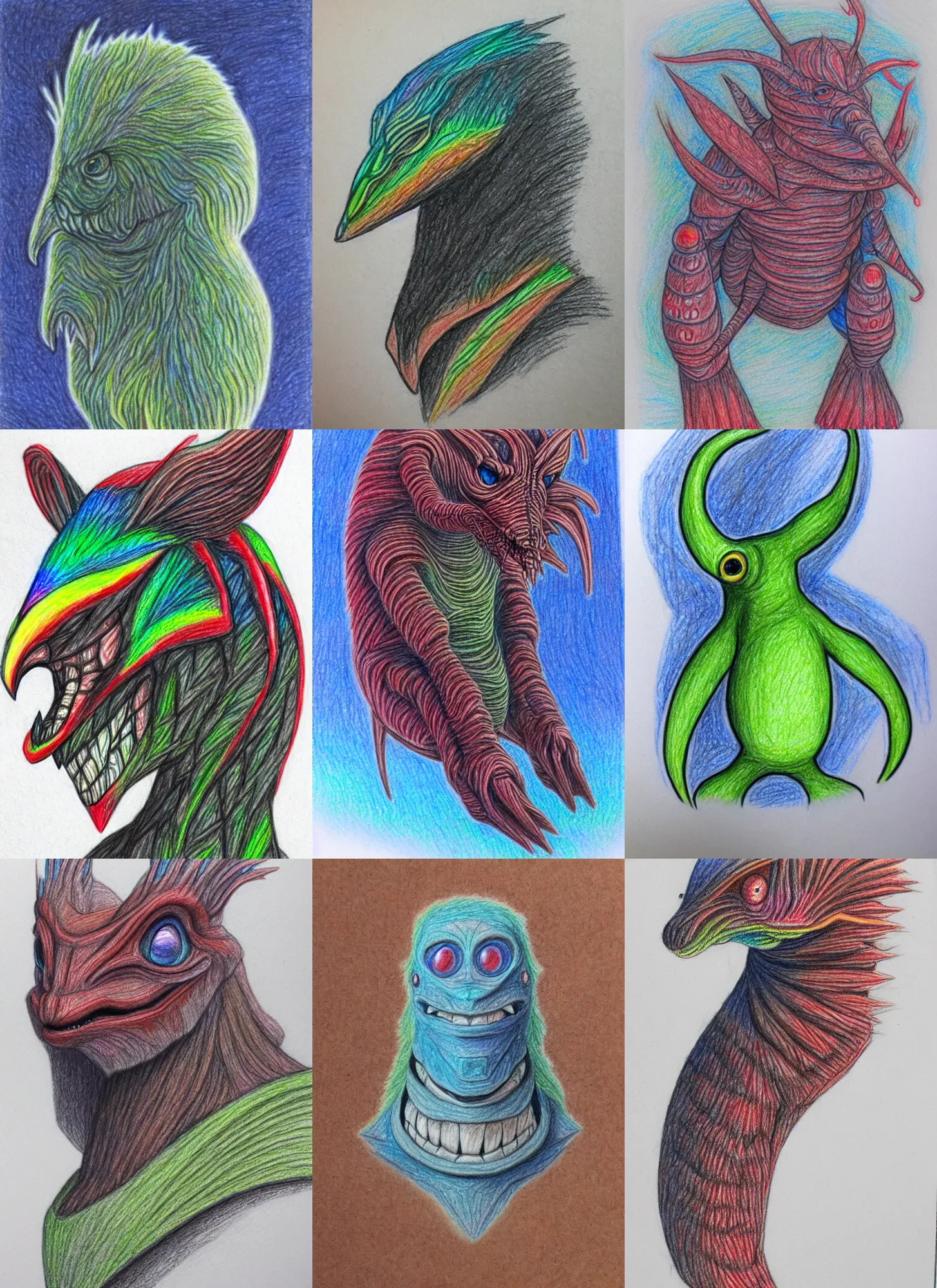 Prompt: colored pencil drawing of a creature in the future