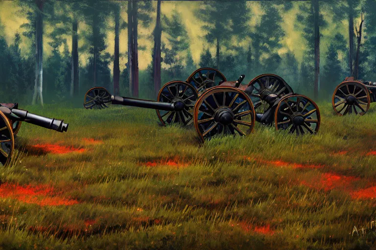 Image similar to cannons firing to the left, artillery, indirect fire, ww 1, forest clearing background, at night, oil on canvas, bloom highlights, view from the ground, poster art, darkness, video game art, digital art, fine brushstrokes, hdr, 4 k