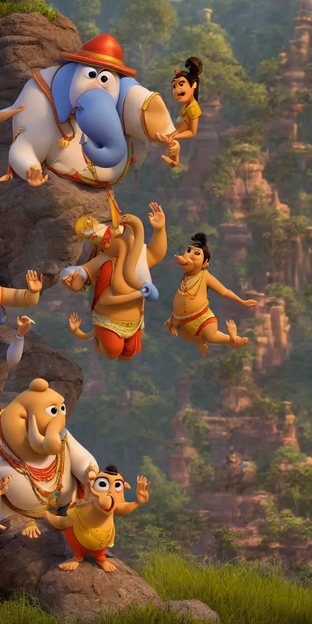 Image similar to ganesh and siddhartha as a pixar disney characters from up 2 0 0 9 unreal engine octane render 3 d render photorealistic