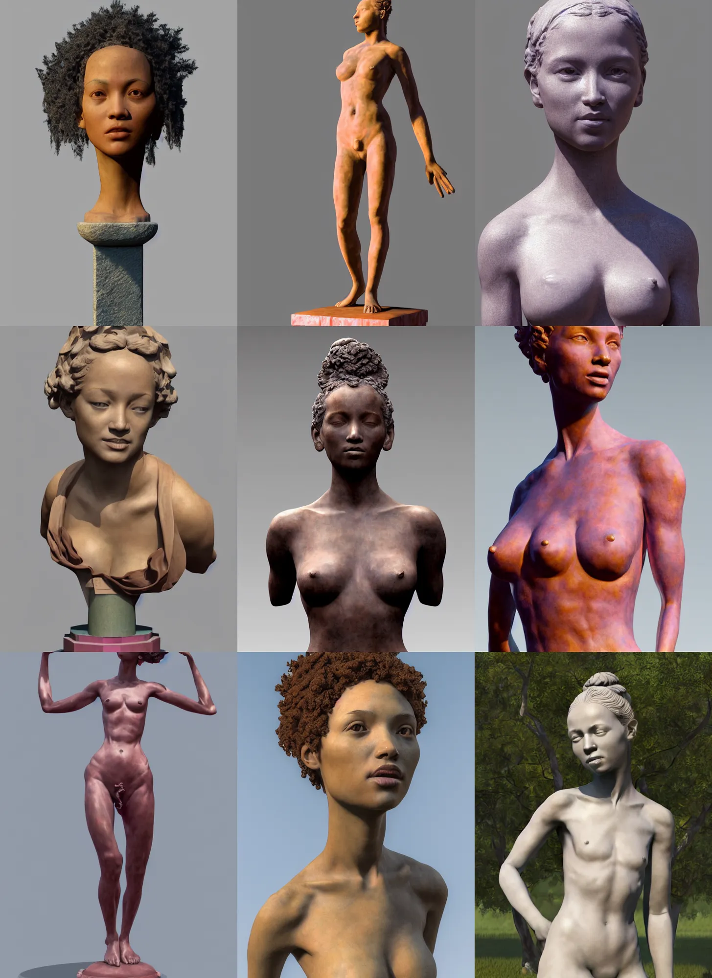 Prompt: sculpture statue of Zoë Isabella Kravitz by Jean-Baptiste Carpeaux and Luo Li Rong and Michael James Talbot, all body, standing athletic pose, perfect symmetrical face, colorful, in full growth, elegant, realistic, 8K, female full-skin figure, hyperrealism, subsurface scattering, raytracing, rim light, Octane Render, Redshift, Zbrush
