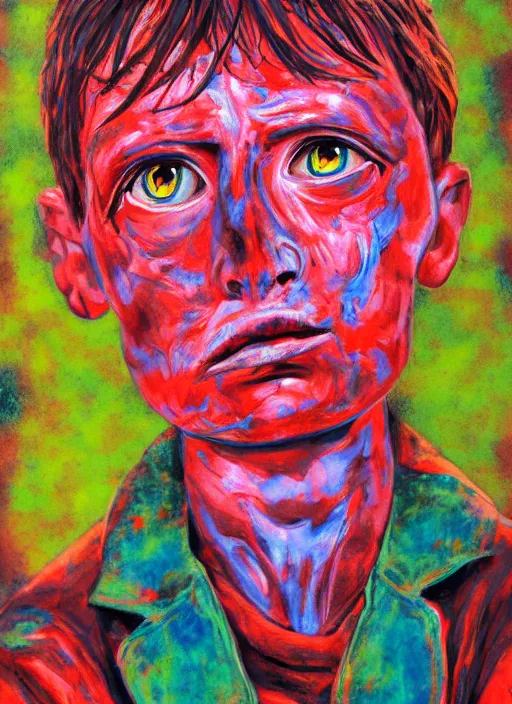 Prompt: scout boy, grotesque, doomed, acrylic paint, gouache on canvas, ugly art, grotesque, high resolution, thermal effect,