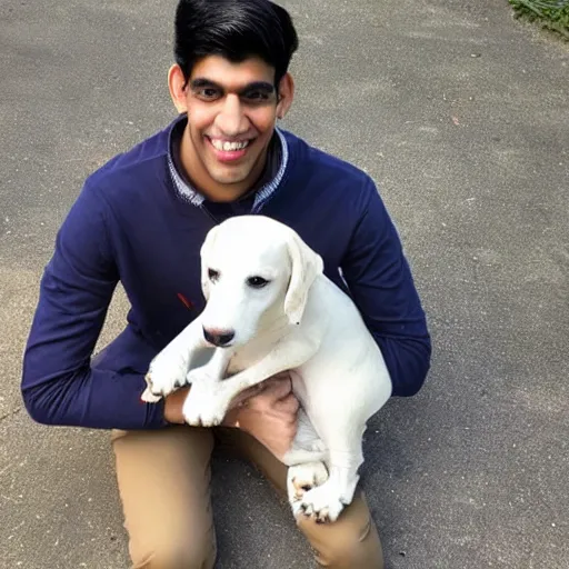 Prompt: rishi sunak holding a dog, photorealistic