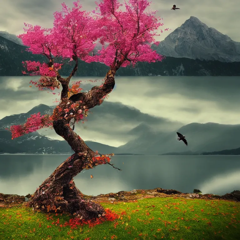 Prompt: a beautiful awesome artistic tree in with falling flowers like leaves and many birds, dog walks next to a tree, all in the amazing outdoors view, mountain in the background, lake, long exposure, 8 k resolution, trending on artstation