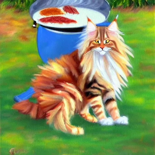 Image similar to beautiful impressionist painting of an ginger maine coon with a white beard cooking a bbq outside