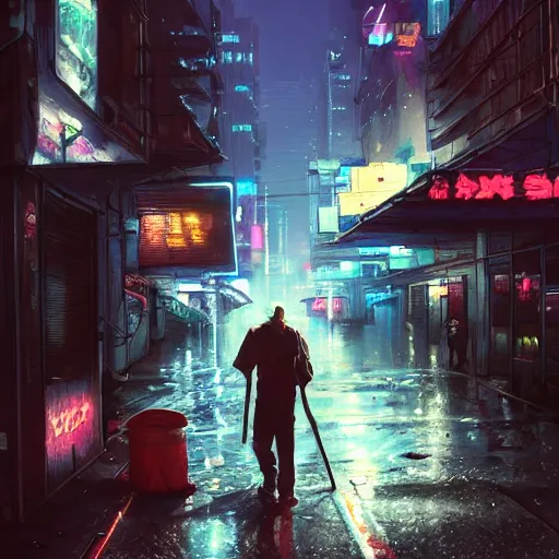 Prompt: man taking out trash near the crowded street of a cyberpunk city, rain, harsh neon lights, highly detailed, digital painting, trending on artstation, concept art, sharp focus, illustration, art by artgerm and greg rutkowski and magali villeneuve