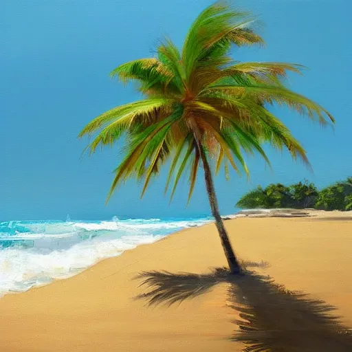 Image similar to A beautiful award winning painting of a tropical beach with palm trees and blue ocean, trending on artstation