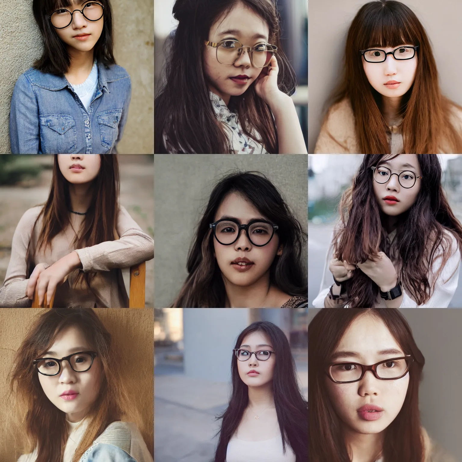 Prompt: portrait, award - winning photo, cute, beautiful, faired skin, round faced, brown colored long hair, korean girl, wearing round glasses, trendy clothes, bokeh