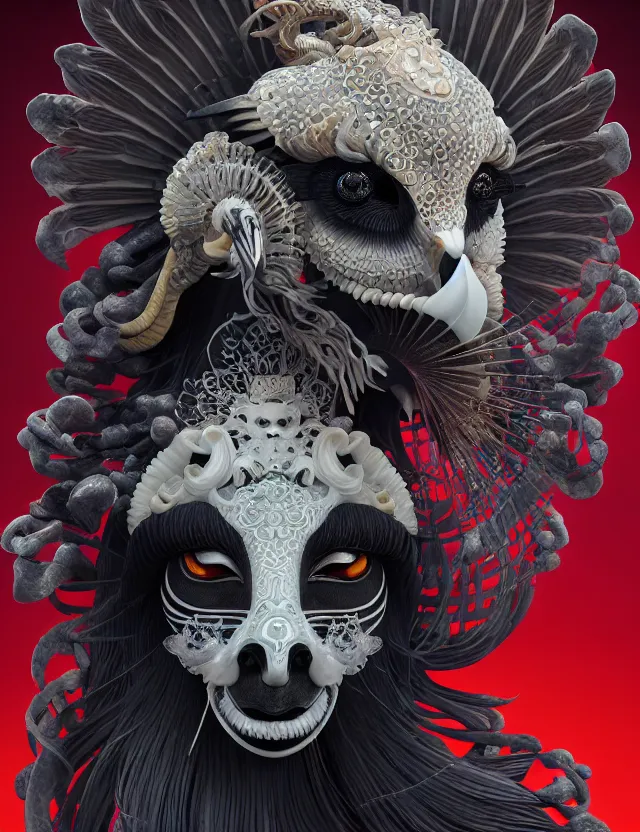 Image similar to 3 d goddess of death close - up profile portrait with ram skull. beautiful intricately detailed japanese crow kitsune mask and clasical japanese kimono. betta fish, jellyfish phoenix, bio luminescent, plasma, ice, water, wind, creature, artwork by tooth wu and wlop and beeple and greg rutkowski