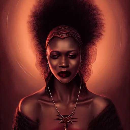 Prompt: Portrait of a riveting African vampire woman!, atmospheric lighting, gothic makeup, intricate, Transylvanian castle, volumetric lighting, beautiful, starlit sky, sharp focus, ultra-detailed, by Tom Bagshaw Leesha Hannigan, Ross Tran, Thierry Doizon, Kai Carpenter, Ignacio Fernández Ríos