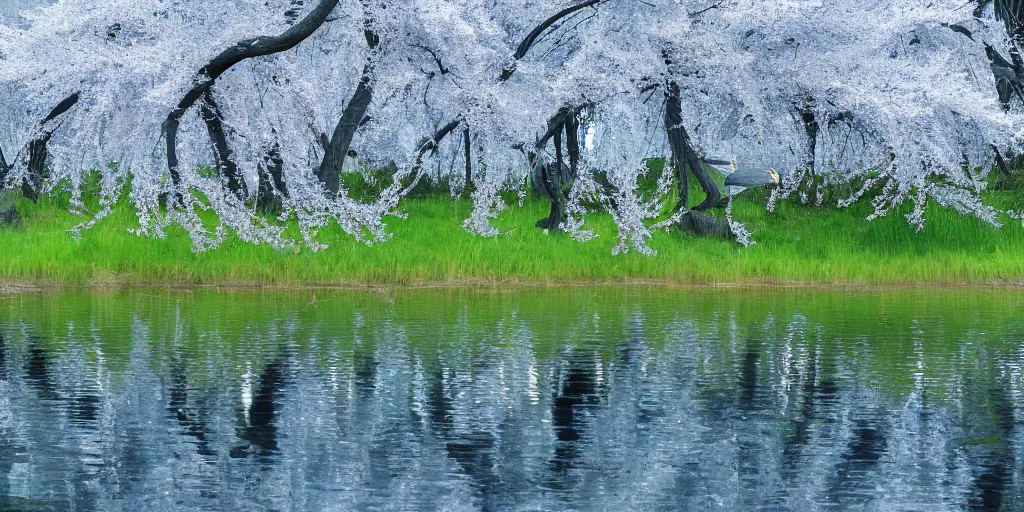 Prompt: a majestic blue heron in shallow river, willow trees, cherry blossom trees, lily pads, bullrushes, marsh, clouds, godrays, intricate, luminescent matte painting, highly detailed, artstation, dusk