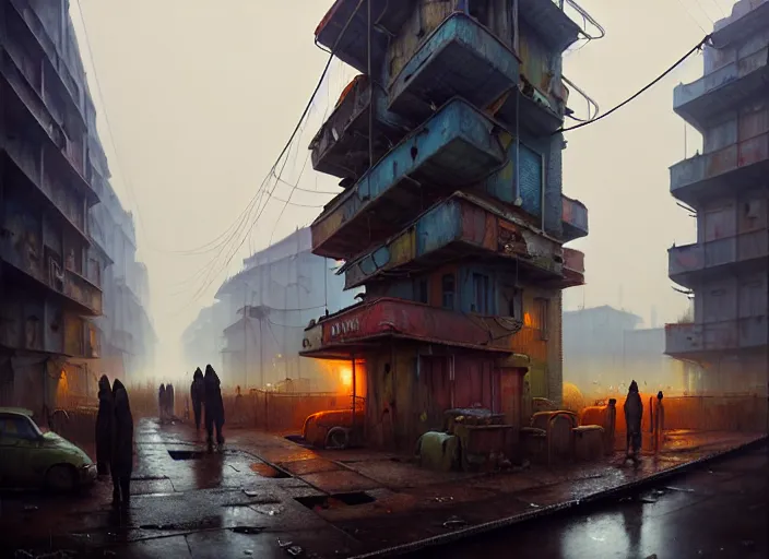 Prompt: waiting in line for cold soup by simon stalenhag and gil elvgren and tom bagshaw and marc simonetti and jan miense molenaer, slums, highly detailed, hyperrealism, dreary, cold, cloudy, grey, smog, high contrast, solarpunk, atompunk, high saturation, intricate complexity