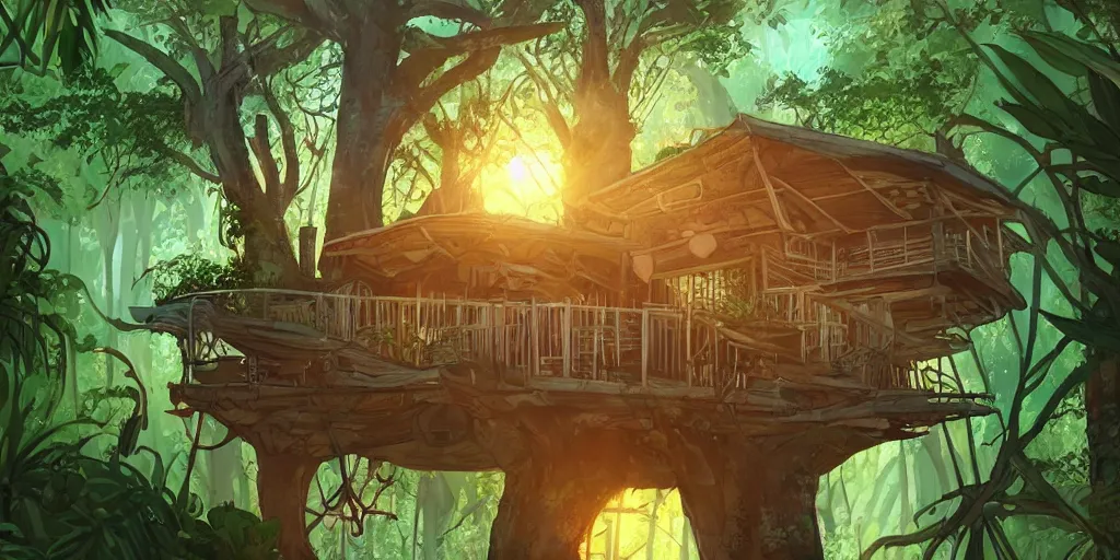 Image similar to a tree house in the jungle, sunshine, by alba ballesta gonzalez. 4 k wallpaper, digital flat 2 d, japan animation, comic book, illustration, cinematic lighting, smooth sharp focus.