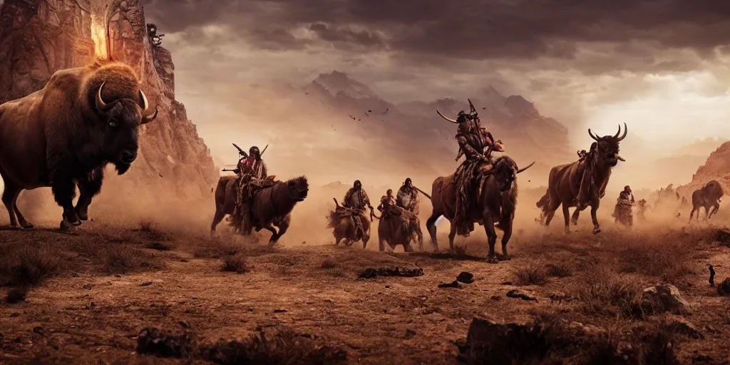 Image similar to indian tribe on wood ATV attacking bisons, action scene, an epic western, dramatic lighting, cinematic, establishing shot, extremely high detail, photorealistic, cinematic lighting, artstation, octane render, old photo, buffalo hunt movie, alpha movie, western