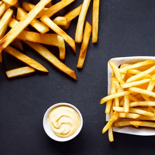 Prompt: photo of french fries with mayo on the side in the style of maximalism, product photo