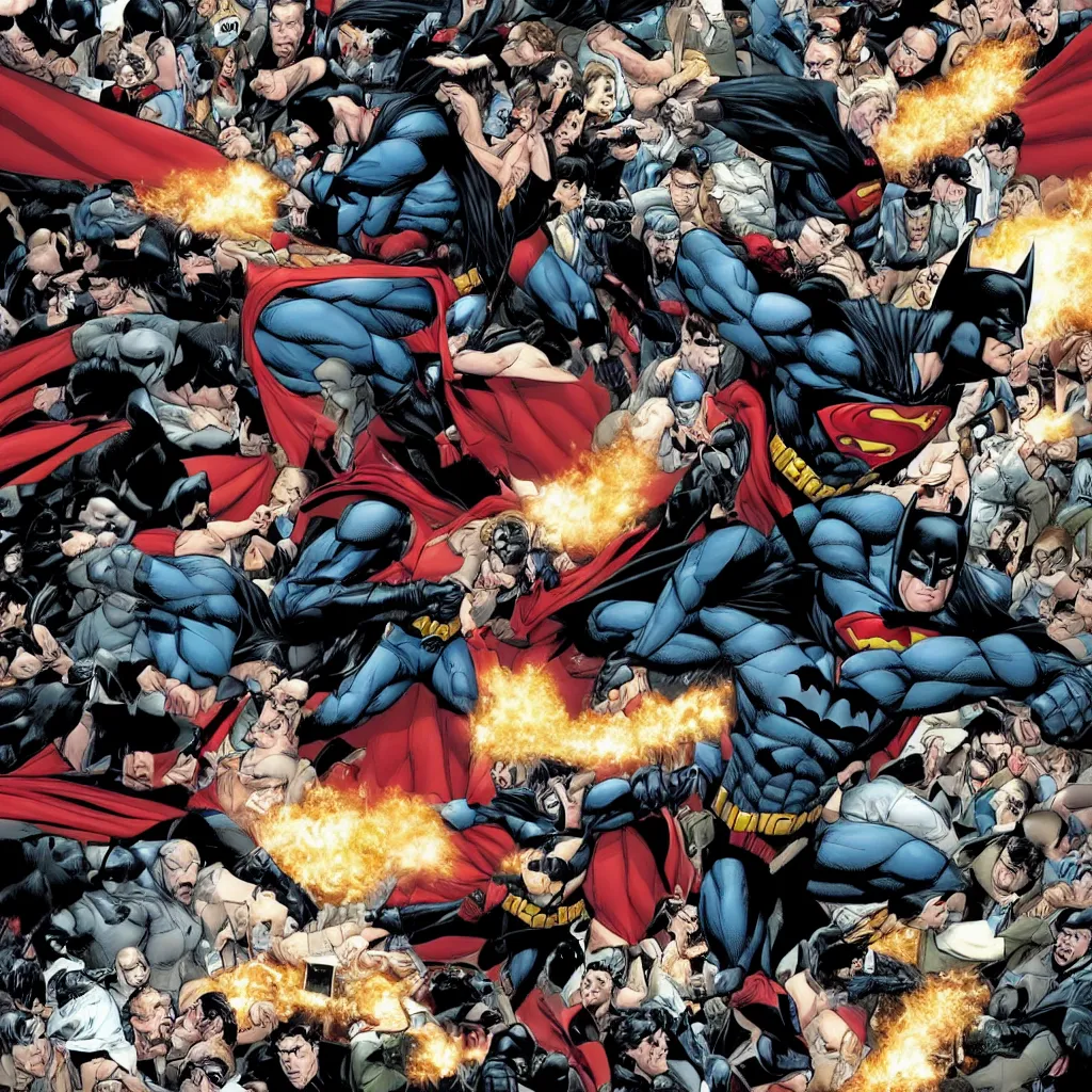 Image similar to batman defeating superman with a large croud watching