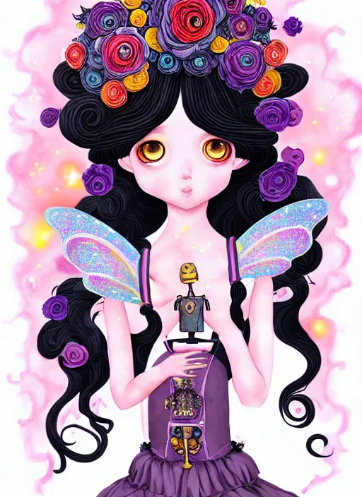 Image similar to dark fantastic illustration of beautiful girl witch with a robot, curls hair, rococo ruffles dress, rosette, symmetrical face, pastel rainbow, pearlescent, cute, fairy, rim light, detailed background, by mai yoneyama, rolua, manga, artstation, concept art, highly detailed, colorful, maximalist