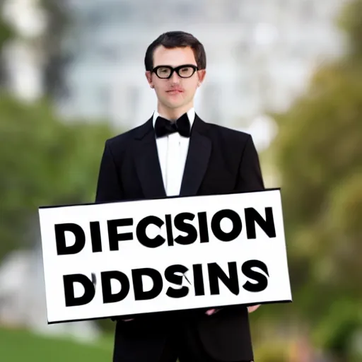 Image similar to stock image of a man in a tuxedo holding up a sign that says im using stable diffusion!!