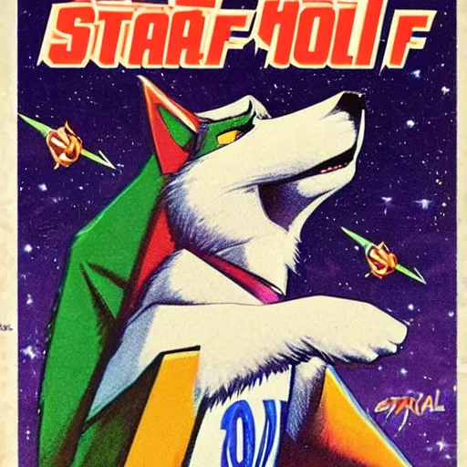 Prompt: 1 9 8 0 s video game art of anthropomorphic wolf o'donnell from starfox fursona furry wolf in a space cadet uniform, looking heroic, magazine scan, 8 0 s game box art, wolf o'donnell