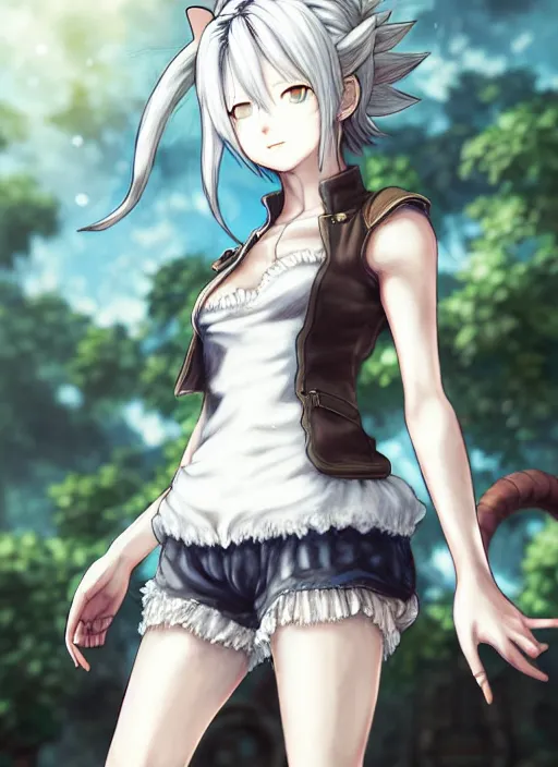 Image similar to a portrait of nekomimi wearing white vest, and shorts an ultrafine detailed painting, detailed painting, detailed eyes!!, final fantasy octopath traveler lovecraft cosmc horror