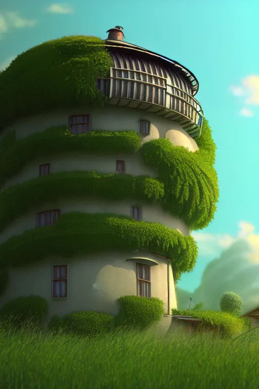 Image similar to cylindrical house, solarpunk, studio ghibli, jean - baptiste monge, octane render, 4 k