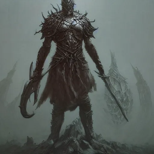 Image similar to warrior concept, beksinski, age of sigma art, ruan jia, dark soul armor concept, trending on artstation, wayne barlowe, adrian smith fantasy art, elden ring art, the hobbit art, lord of the ring art, infinity blade armor