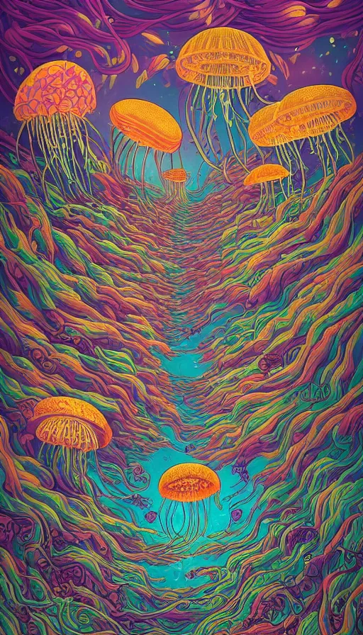 Image similar to The flowery land of the jellyfish, italian futurism, Dan Mumford, da vinci, Josan Gonzalez