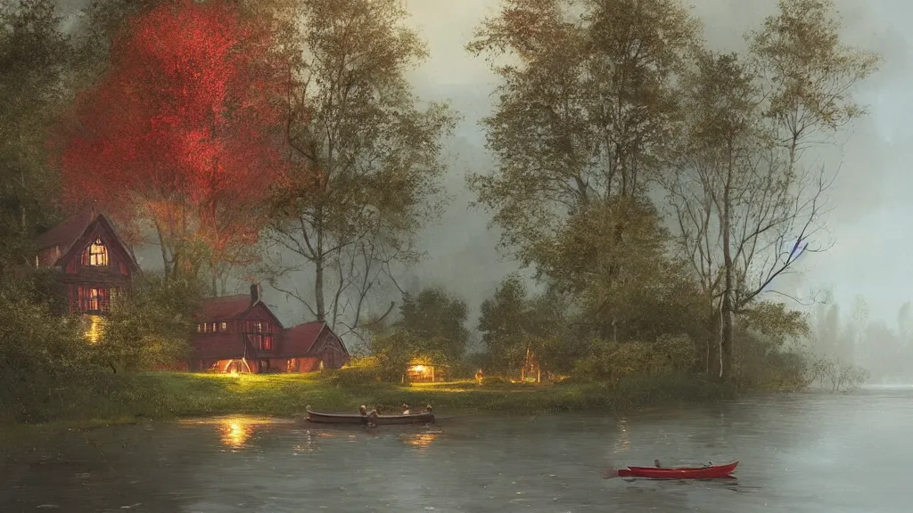 Image similar to small red wooden cottage by the lake, lanterns in the front of the cottage, smoke coming out of the chimney, dusk, birch trees, tranquility, two swans swimming in the lake, a rowing boat, by Greg Rutkowski, by Charlie Bowater