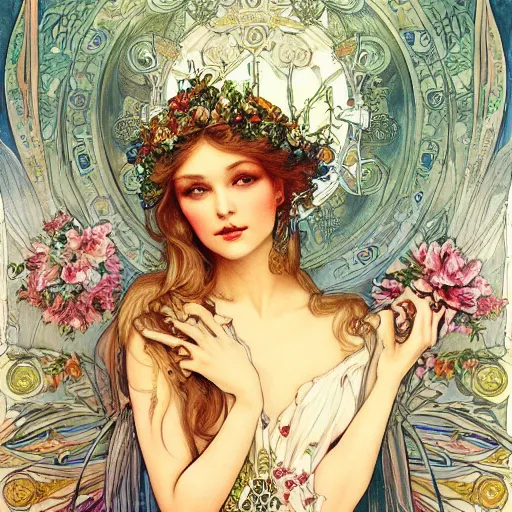 Image similar to Tatiana Hordiienko and Mucha collaboration artwork,beautiful