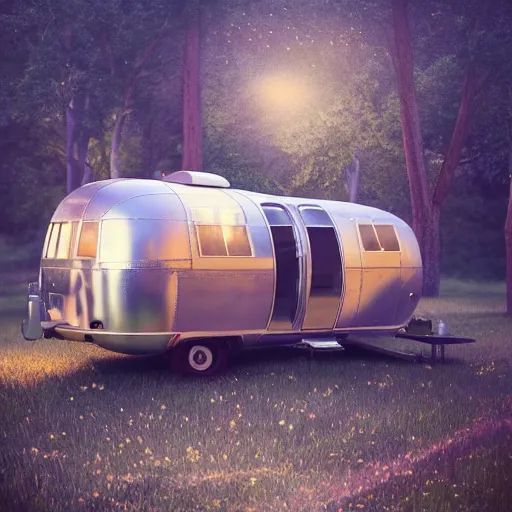 Image similar to treehouse made of a vintage airstream, fairy lights, fine art, cinematic lighting, hyperdetailed, photorealistic, high resolution, cozy!, award winning, featured in artstation, octane render