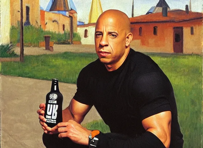 Prompt: vin diesel in black adidas sport costume, as gopnik character, sitting on a bench with a beer bottle, in the courtyard of a provincial russian town, oil on canvas, naturalism