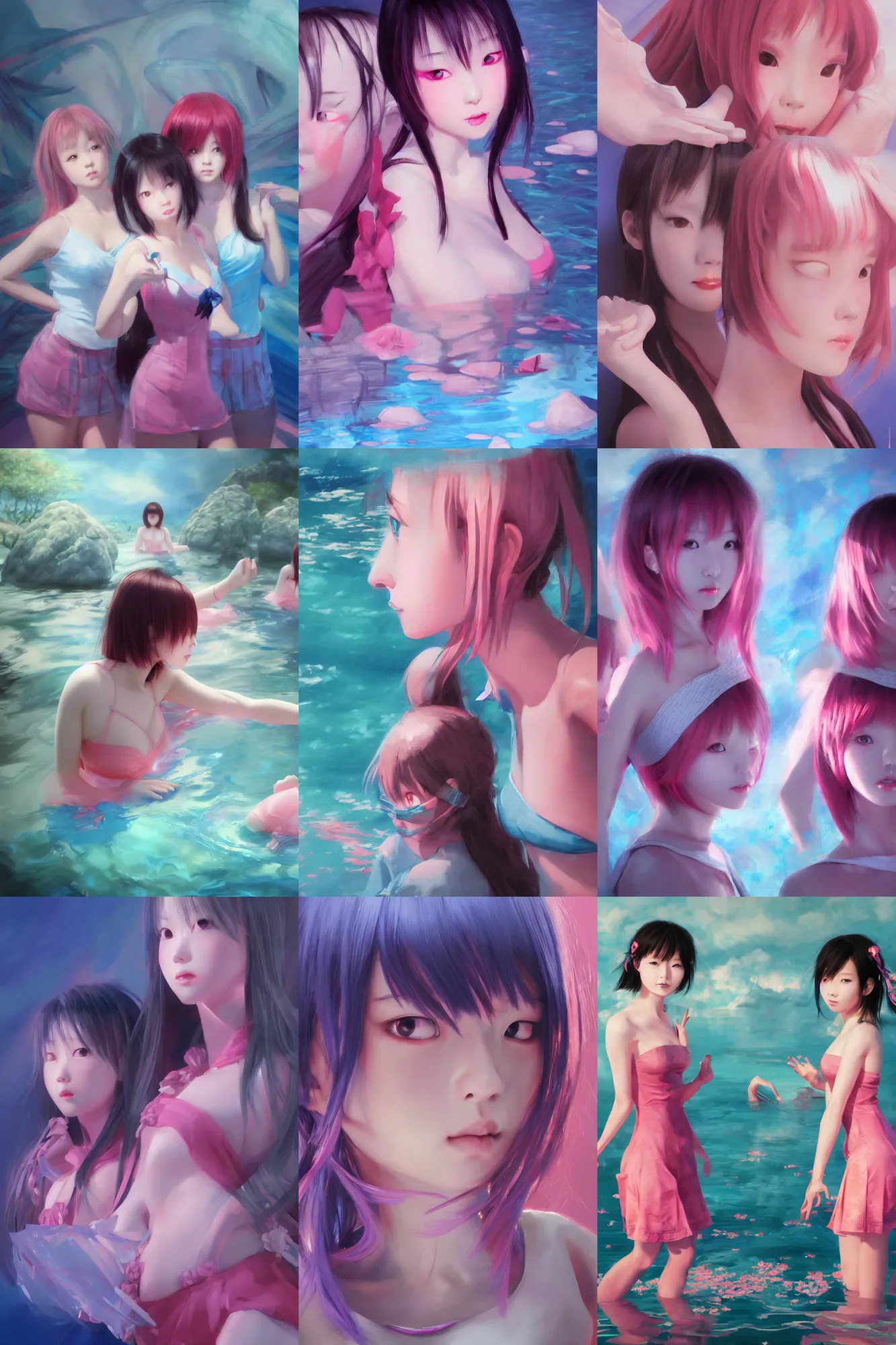 Prompt: 3d dark infrared octane render concept art by D. Jun, by Mo Xiang Tong Xiu, by Igarashi Daisuke, beauty portrait anime schoolgirls under dark pink and blue water. cute face. complex composition mirror. dramatic light, trending on artstation, oil painting.