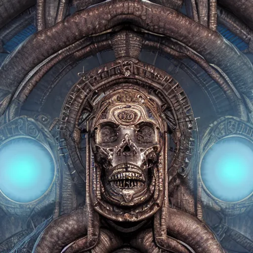 Image similar to cyclopean deity with stargate eye and molten circuitry structure skull, intricate detail, royo, whealan, giger, hd, 8 k, octane render, unreal engine,