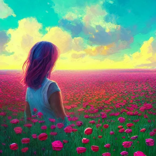 Image similar to rose head, girl floating in a flower field, surreal photography, sunrise dramatic light, impressionist painting, colorful clouds, digital painting, artstation, simon stalenhag