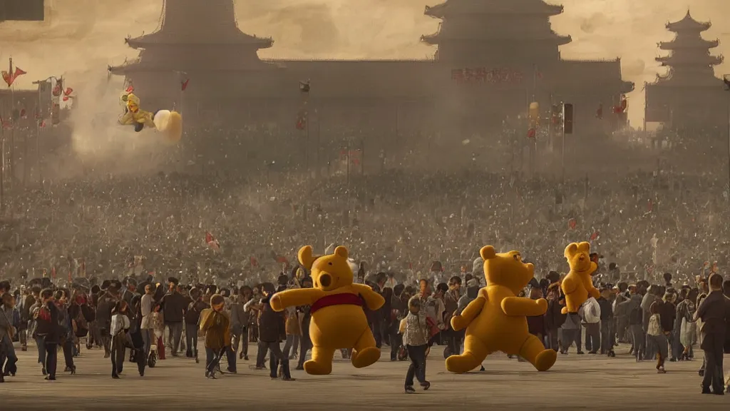 Image similar to giant winnie the pooh bear walking in the tiananmen square parade with tanks and icbm missiles. andreas achenbach, artgerm, mikko lagerstedt, zack snyder, tokujin yoshioka