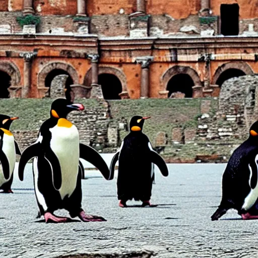 Prompt: penguin conquistadors visit rome