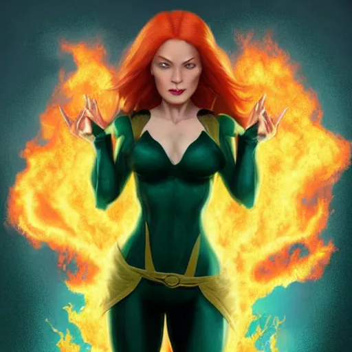 Image similar to jean grey, a full body portrait of jean grey, green eyes, red hair, phoenix rising, flames, comic, x - men, highly detailed, artstation, deviantart, symetry, digital painting, vivid colors, realistic shaded perfect face, volumetric lighting, atmospheric, sharp focus, moody, art by artgerm and greg rutkowski, 8 k