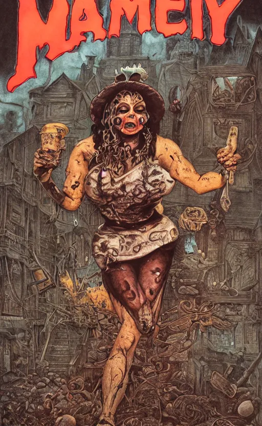 Image similar to Aunt Jemima, heavy metal magazine cover, 1980s, intricate pancakes and syrup witch, atmospheric, realism, horror, grimy, sinister, highly detailed, high octane render, HD, anatomy, symmetrical body, symmetrical face, scary, cracked brick background, in the style of Frank frazetta and moebius, Peter mohrbacher and John William Waterhouse