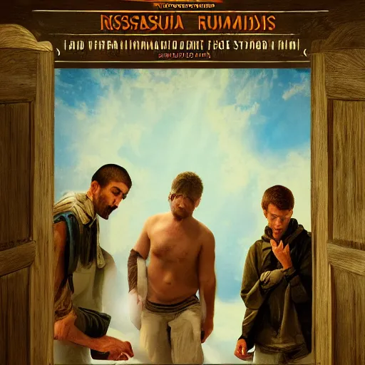 Image similar to poster for a short liminal film called'liminal'about four male roommates that find a tiny hidden door. movie poster, advertisement, renaissance painting, sharp, high detail, trending on artstation, cinematic