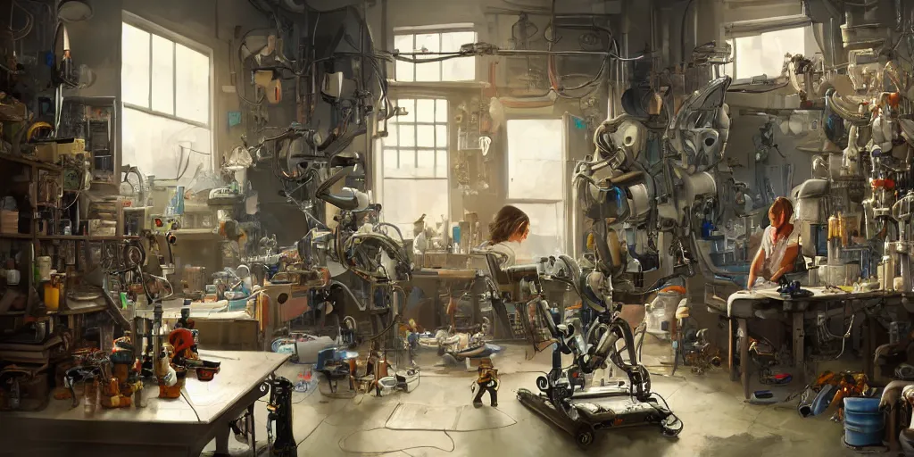 Image similar to an environmental concept art of a female scientist building a robot in a cluttered workshop, highly detailed, cinematic, dramatic lighting by francis tneh