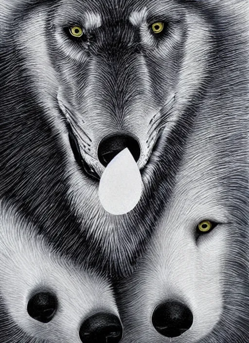 Prompt: a realistic black and white wolf in a yin yang symbol fantasy art, art by collin bogle