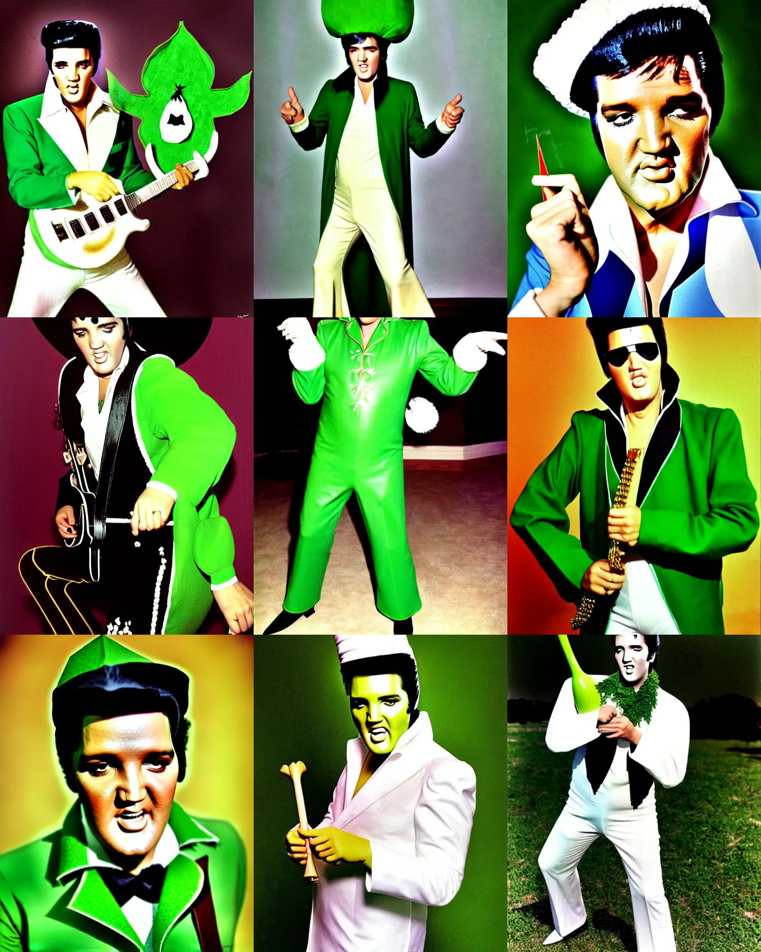 Prompt: elvis presley dressed as parsley!!!!, parsley costume, color photo by terry oneill russdraws