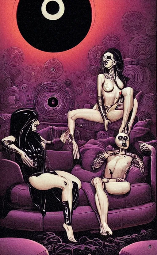 Prompt: Man and woman start to bounce in a living room of a house, floating dark energy surrounds the middle of the room. There is one living room plant to the side of the room, and another woman with siren body sitting on the sofa, surrounded by a background of dark cyber mystic alchemical transmutation heavenless realm, cover artwork by philippe caza, midnight hour, part by francis bacon, part by jeffrey smith, part by josan gonzales, part by norman rockwell, part by phil hale, part by kim dorland, rich deep color scheme, artstation, matte gouache illustration, highly detailed,